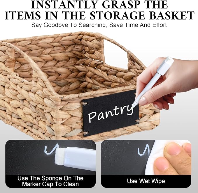 Hand-Woven Pantry Baskets for Organizing, Large Wicker Storage Baskets for Shelves with Labels, 2 Chalk Markers & Handles, 3 Pack Hyacinth Storage Bins for Pantry Kitchen Laundry Shelf - Image 4