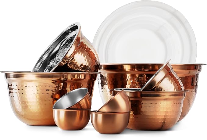 COOK WITH COLOR 18 Piece Mixing Bowls Set with Airtight Lids, Handcrafted Stainless Steel Bowls, Food Storage Containers, Meal Prep, Nesting Salad Bowls For Cooking, Baking, Kitchen, Copper - Hammered by CookwithColor