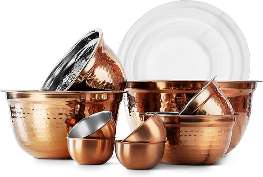 COOK WITH COLOR 18 Piece Mixing Bowls Set with Airtight Lids, Handcrafted Stainless Steel Bowls, Food Storage Containers, Meal Prep, Nesting Salad Bowls For Cooking, Baking, Kitchen, Copper - Hammered by CookwithColor