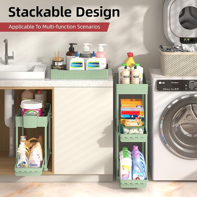 4-Pack 2-Tier Under Sink Organizer with Pull Out Drawers | Multi-use kitchen & bathroom storage. Includes hanging hooks and cups. Green, space-saving cabinet design. 12.8 Inch - Image 5