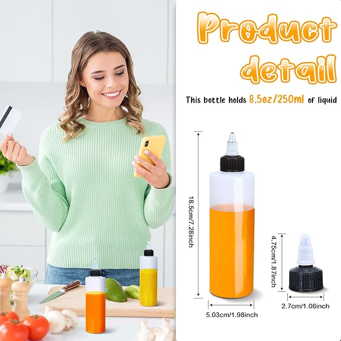 Eccliy 50 Pack 8.5 oz Plastic Squeeze Condiment Bottles with Twist on Cap Lids, Sauce Squeeze Multipurpose Squirt Bottles for BBQ Sauce Dressing Grilling Crafts Syrup Oil, 250 ml - Image 2