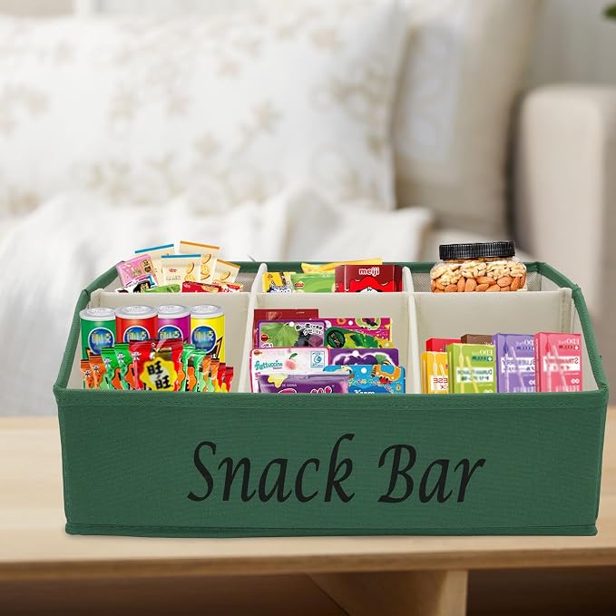 Snack Organizer for Countertop, Fabric Snack Bar Station with Handles, 6 Compartment Container, Kitchen Pantry Storage and Organizer, Green - Image 5