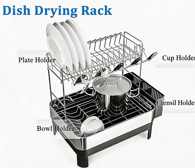2-Tier Stainless Steel Dish Drying Rack with Drainboard – Large Kitchen Counter Organizer, Includes Utensil, Cup & Cutting Board Holders - Image 4