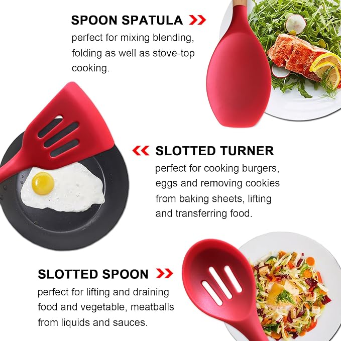 Silicone Cooking Utensils Set 5Pcs Non-Stick Silicone Kitchen Utensils for Cooking, Heat Resistant Kitchen Gadgets Spatula Spoon Turner Set with Wooden Handles for Non-Stick Cookware BPA Free - Image 4