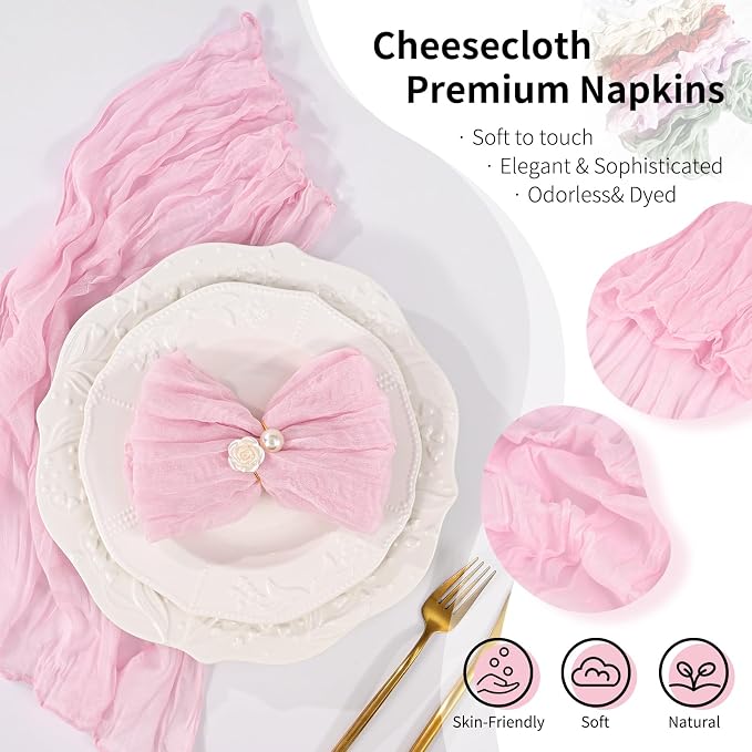 10 Pack Pink Cheesecloth Napkins 20"x20" Boho Washable Cloth Napkins Set of 10 Wrinkled Cheese Cloth Napkins Gauze Dinner Table Napkin for Wedding Party Baby Shower Birthday Decor - Image 3