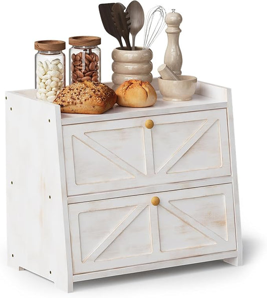 Trironsun Vintage Double Layer Bread Box for Kitchen Counter Bamboo Bread Storage Container Large Capacity Bread Storage Bin (Antique White) by TrironsunHome