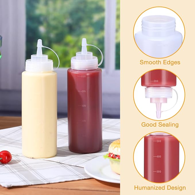 Xinnun 24 Pcs Plastic Condiment Squeeze Bottles Squeeze Leak Proof Multipurpose Squirt Bottles with Twist Top Cap for Sauces Ketchup BBQ Syrup Dressings Paint Grilling Crafts Olive Oil Arts (16 oz) - Image 4