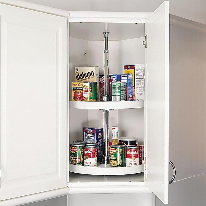 Rev-A-Shelf 18 Inch Dual Full-Circle Lazy Susan Organizer for Upper Corner Kitchen Cabinets, Plastic Home Storage 2 Tier Shelves, White, 6012-18-11-52 - Image 6