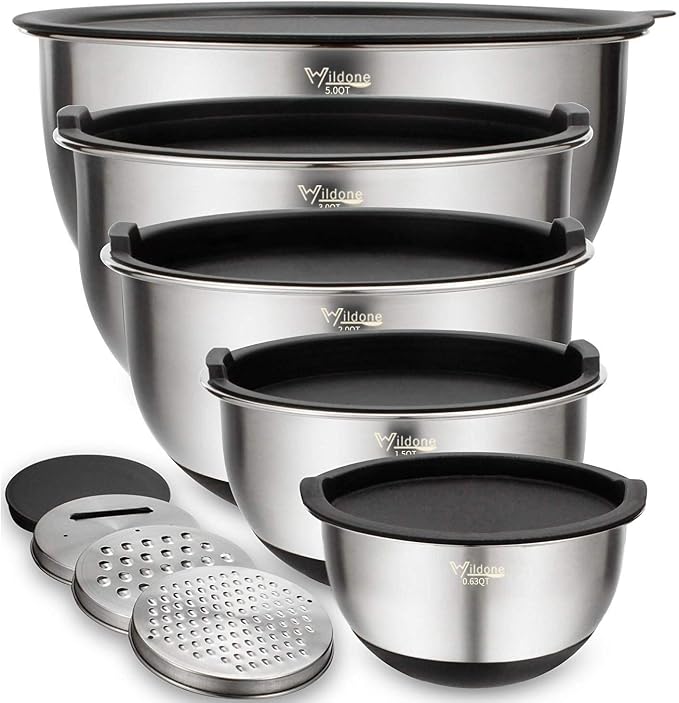 Wildone 5pcs Stainless Steel Mixing Bowls with Graters and 16pcs Measuring Cups & Spoons Set - Image 2