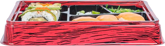 Restaurantware-Bento Tek 18.3 Ounce Meal Prep Containers, 50 Disposable To Go Food Boxes - Lids Sold Separately, 5 Compartments, Red And Black Plastic Bento Lunch Boxes, Freezable, For Take Out - Image 9