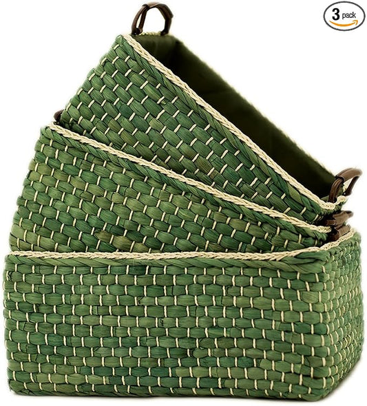Baskets Woven Maize Storage Bins Set of 3,Kingwillow. (Green,Rectangular) by KINGWILLOW