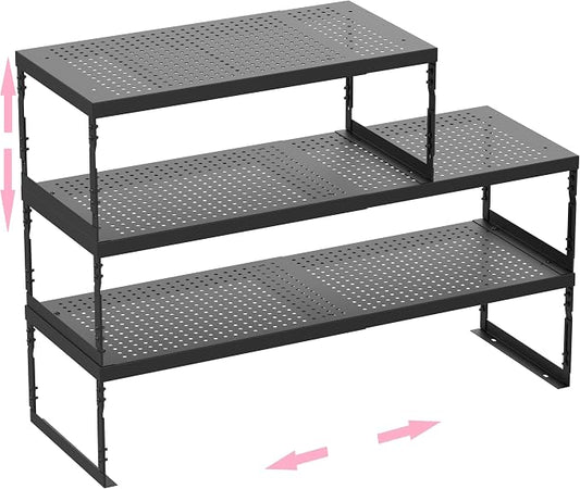 Stackable Expandable Metal Shelf Organizer - Adjustable Wire Storage Rack with Holes for Kitchen, Bathroom, Cabinet, Office - Space Saving, Durable & Sturdy Design（3PACKS/Medium/Black by HOMEPAGE