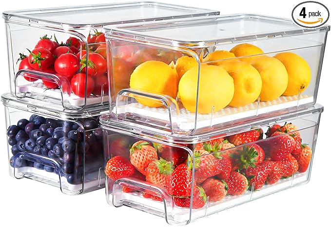 4-Pack Refrigerator Drawer Organizer Bins, Clear Stackable Pull Out Fridge Organizers and Storage Container, with Strainer Layer for Fruits, Vegetables, Drinks, Snack and Food by Brippo