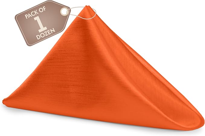17x17-Inch Shantung Satin Cloth Napkins, Orange, Set of 12 | Bulk Case of 1 Dozen, Square, 100% Polyester Fabric, Reversible, Faux Dupioni Silk Reverse Side, Machine Washable by UltimateTextile