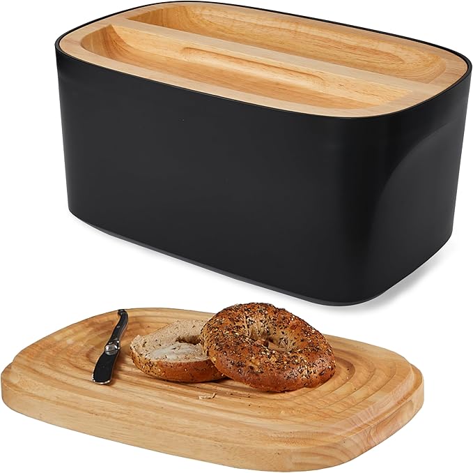 Sonder LA Union Bread Box with Wood Lid (Black) Large 14.25x9.25x7 in | Bamboo Fiber & Recycled Plastic Body with Reversible Bread Board Lid, Kitchen Countertop Use, Larger Than It Appears, 4 lbs by Unknown