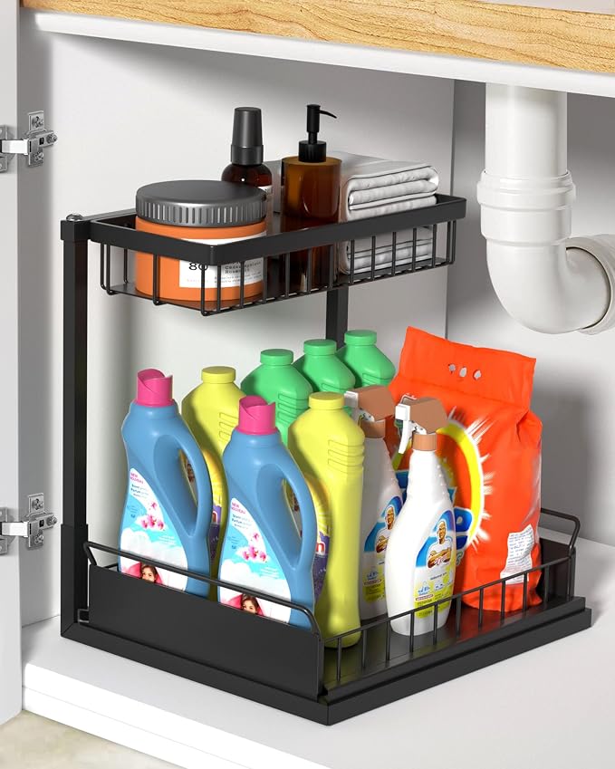 Under Sink Organizer,Metal Pull Out Kitchen Cabinet Organizer with Sliding Drawer,Sturdy Multi-Functional for Bathroom Organization,Black by Unknown