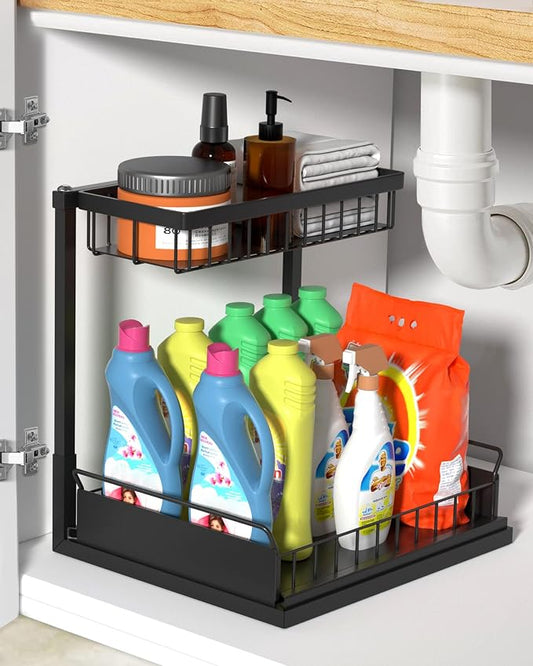 Under Sink Organizer,Metal Pull Out Kitchen Cabinet Organizer with Sliding Drawer,Sturdy Multi-Functional for Bathroom Organization,Black by Unknown