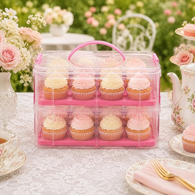Cupcake Carrier Stackable Storage Container Collapsible Cake Carrier with Lid and Handle, with 50 PCS Cupcake liners,Reusable Plastic Dessert Travel Container,Transport Box (24 Cupcakes Pink) - Image 3
