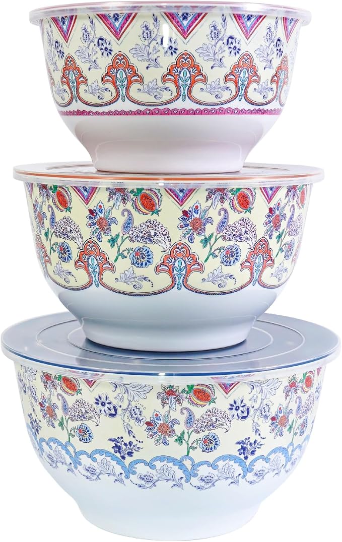 TP Melamine Mixing Bowl Set with Lids, Salad Bowl Set of 3, Ottoman Floral | Nesting Design,Break-resistant,Pasta & Salad Prep, Baking Prep, Space-saving Storage, Freezer Safe, Dishwasher Safe by TastePrime