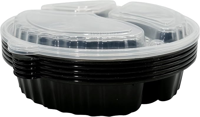 3 Compartment 33oz Black Round Meal Prep Containers with Lids, Reusable Bento Box, Food Storage Containers | BPA Free | Stackable | Lunch Boxes, Microwave/Dishwasher/Freezer Safe (25) - Image 4