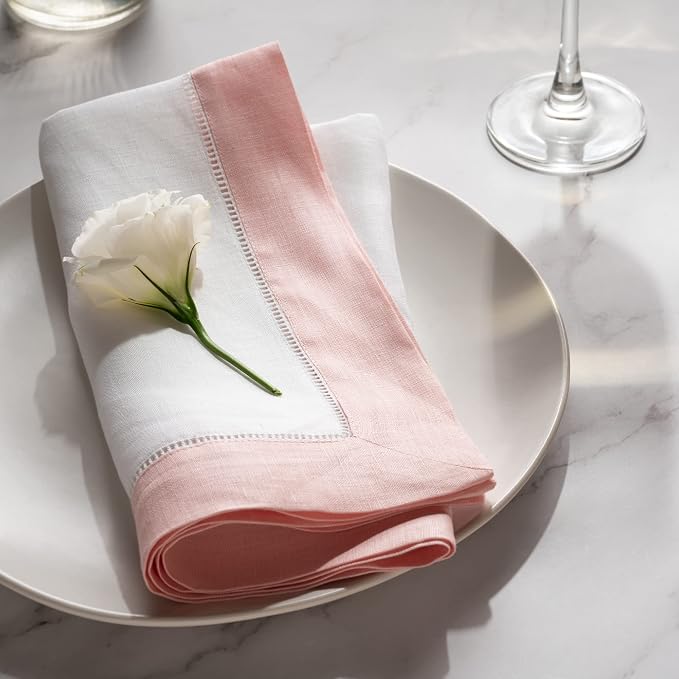Linen Dinner Napkins 20 x 20 inch - 100% Pure Linen White and Pink Dinner Cloth Napkins Set of 4 - Classic Hemstitch Cloth Napkins Washable for Spring and Easter Decor - Image 2