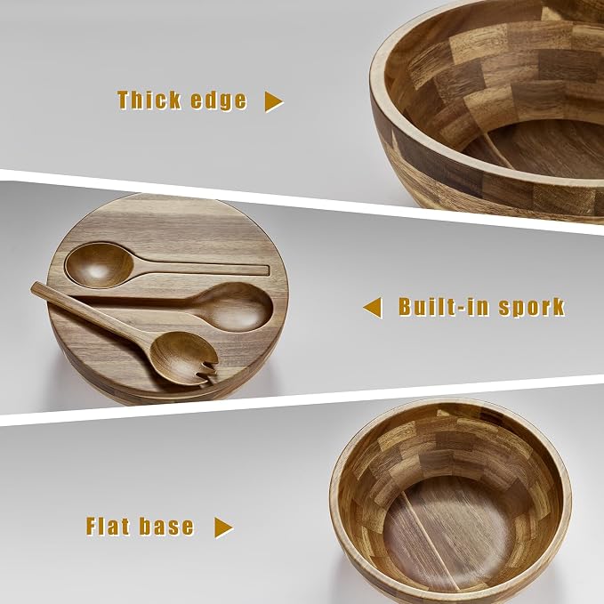 JOYMAY Salad Bowls Wood Salad Bowl Set with Lid Acacia Wood Serving Bowl for Fruits or Salads 10.5" Large Serving Bowl with Serving Utensils, 4 Piece Wooden Mixing Bowl Set for Kitchen, Picnic - Image 4