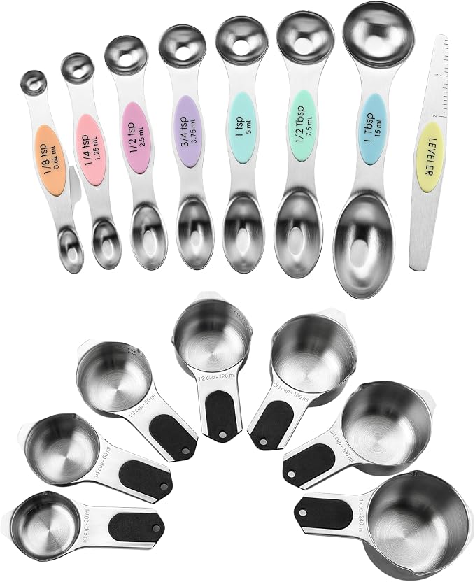 Spring Chef Dual Sided Magnetic Measuring Spoons Set, Pastel, Set of 8 & Stainless Steel Magnetic Measuring Cups, Set of 7, Black - 2 Product Bundle by SpringChef