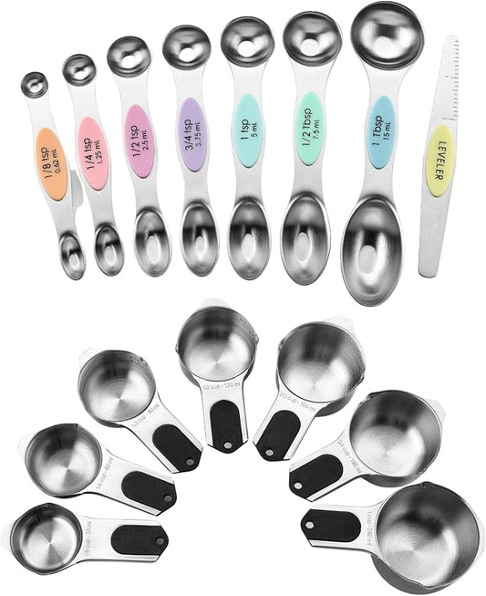 Spring Chef Dual Sided Magnetic Measuring Spoons Set, Pastel, Set of 8 & Stainless Steel Magnetic Measuring Cups, Set of 7, Black - 2 Product Bundle by SpringChef
