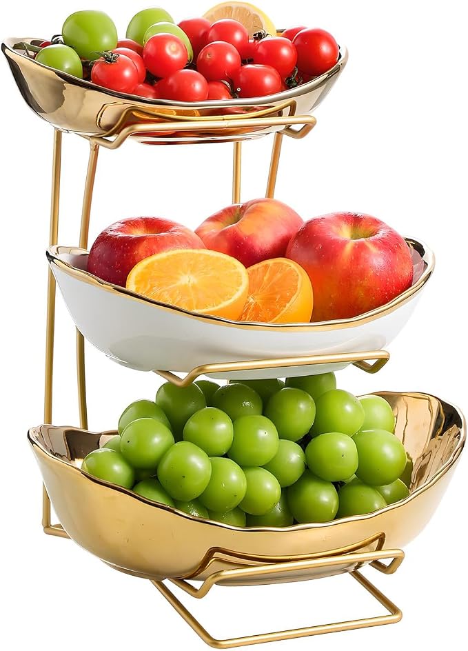 Gold Silver Fruit Bowl with Metal Stand, 3 Tier Ceramic White Fruit Bowl Fruit Rack for Kitchen Counter, Tiered Fruit Basket for Snacks Bread Candy Storage (Gold (Smooth Surface)) - Image 9