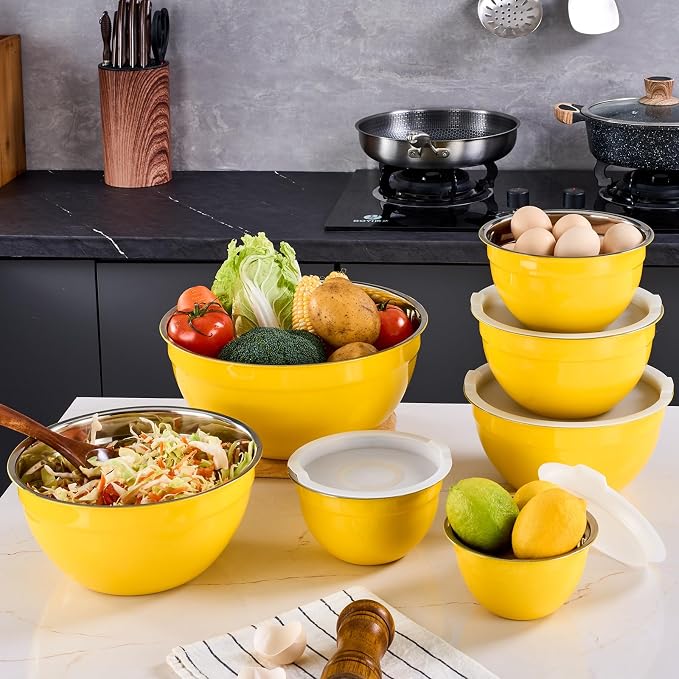 Yellow Mixing Bowls With Airtight Lids,Stainless Steel Bowl,Salad Bowls 7 Piece Colorful Nesting Bowl Yellow Kitchen Accessories,Size 7,3.6,2.7,2.1,1.5,1.1,0.8QT Stackable Design - Image 8