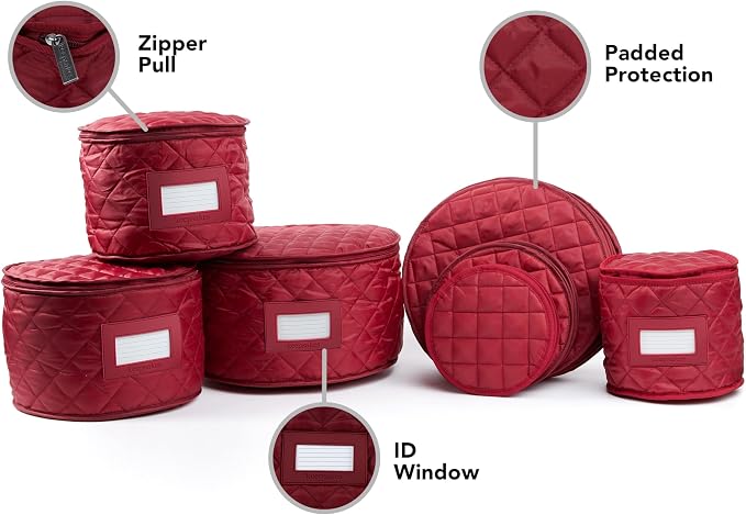 Covermates Keepsakes Dish Storage Set – Padded China & Dinnerware Storage Cases with Dividers, Cup & Stemware Storage, Quilted Polyester Protection, ID Window, Red - Image 5