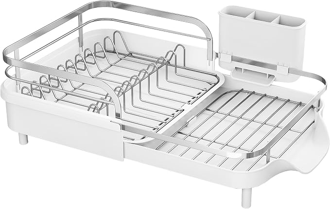SAYZH Expandable Dish Drying Rack for Small Kitchen Counter, White | Stainless Steel, Protective Guardrail, Angled Drainboard, Fits High-Rim Sinks, Removable Utensil Holder - Image 9