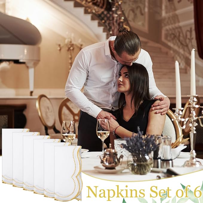 Hahafelt 6 Set Cloth Napkins 18x18inches Scalloped Embroidery Cloth Napkins Washable Polyester Table Dinner for Hotel Restaurant Weddings Events Parties (Gold) - Image 7