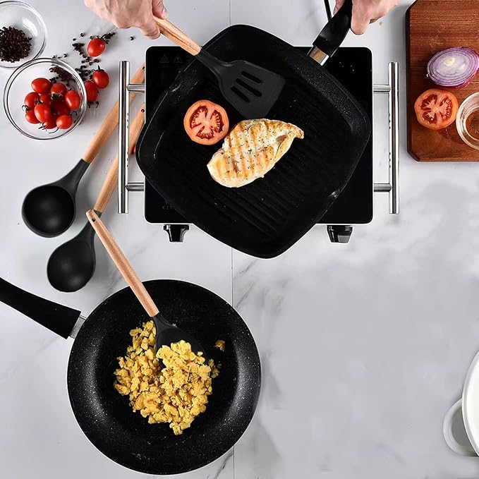 Non-Stick Silicone Cooking Utensils Set, 5 Pcs with Wooden Handle, Heat Resistant Silicone Kitchen Gadgets (Black) - Image 2