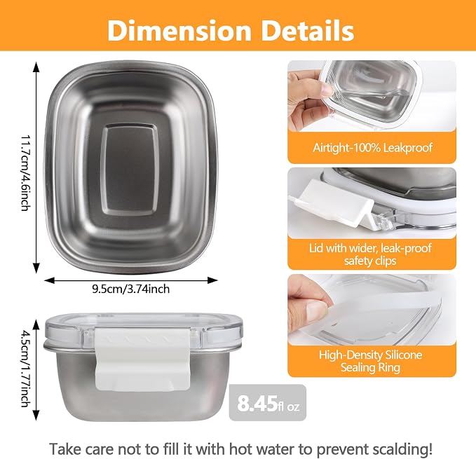 5 Pack Food-Grade 304 Stainless Steel Reusable Snack Containers with Lids - 8.45 oz Small Metal Meal Prep Boxes, Shatterproof Leakproof Freezer Safe for Portioning Snacks & Dips - Image 5