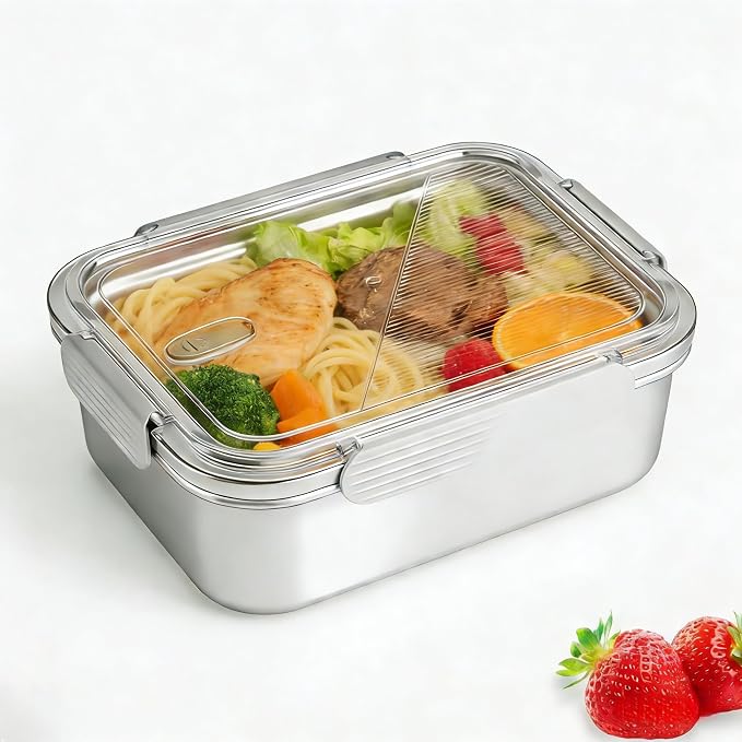 Stainless Steel Food Storage Containers, Silver, 44oz | Leak-Proof Latching Lid, Reusable Bento Lunch Box, Oven/Dishwasher/Freezer Safe by HOMMIYA