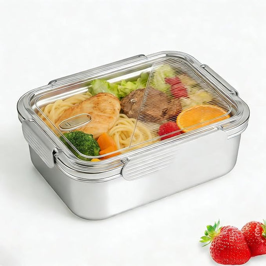 Stainless Steel Food Storage Containers, Silver, 44oz | Leak-Proof Latching Lid, Reusable Bento Lunch Box, Oven/Dishwasher/Freezer Safe by HOMMIYA