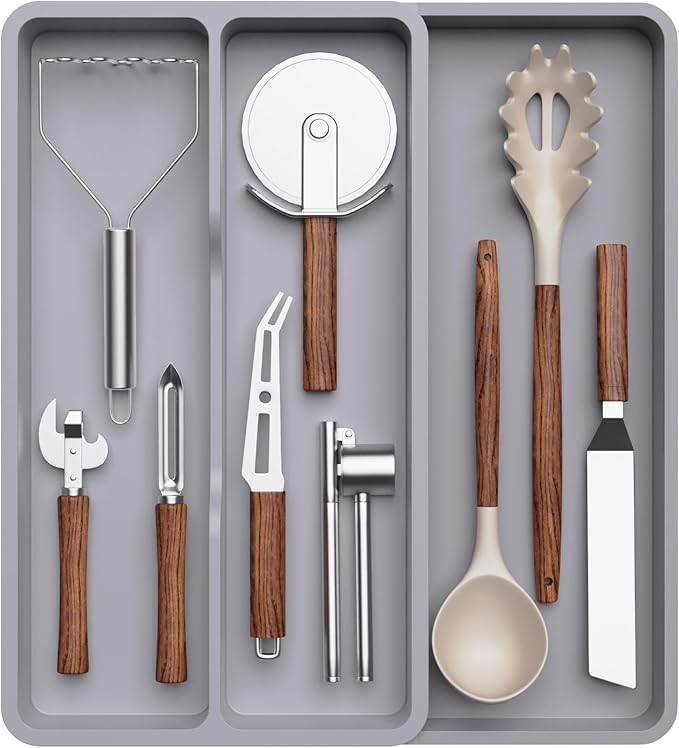 Lifewit Utensil Organizer for Kitchen Drawer, Expandable Cooking Silverware Tray, Adjustable Cutlery Flatware Holder, Plastic Spatula Tools Storage Divider, 14.4 x 15.8", Gray by Lifewit
