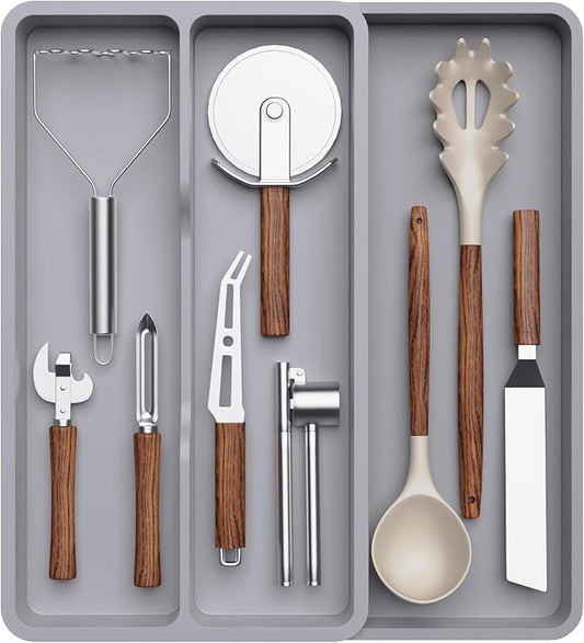 Lifewit Utensil Organizer for Kitchen Drawer, Expandable Cooking Silverware Tray, Adjustable Cutlery Flatware Holder, Plastic Spatula Tools Storage Divider, 14.4 x 15.8", Gray by Lifewit