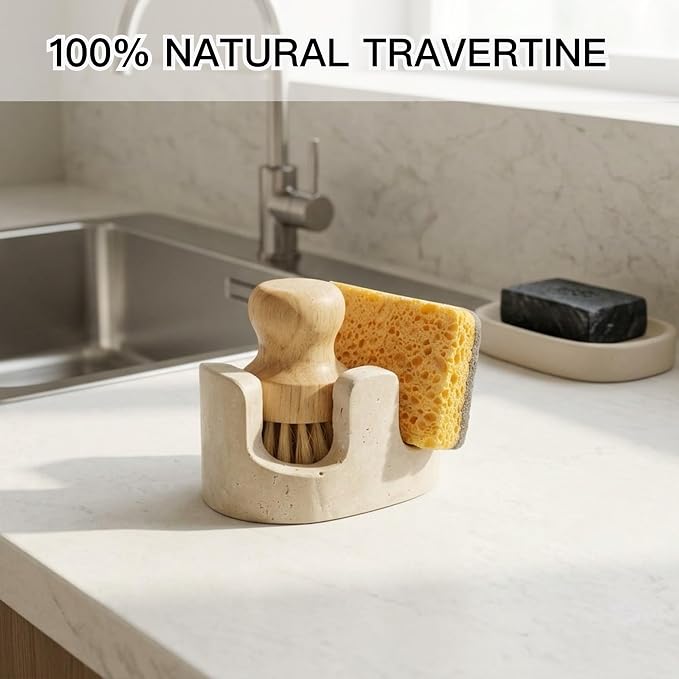 Travertine Sponge Holder for Kitchen Sink, 2-in-1 Sponge & Brush Holder, 2 Slot Natural Stone Sink Caddy for Countertop, Keeps Countertops Dry, Non-Slip Base, Elegant Kitchen Decor, Beige - Image 9