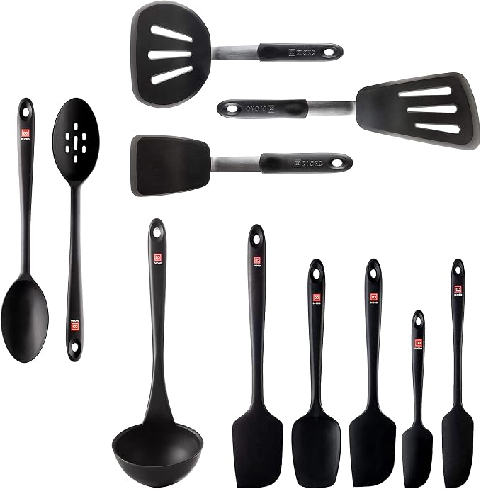 DI ORO 11-Piece Silicone Kitchen Set - 600°F Nonstick Heat-Resistant Utensils - 3 Turners, 5 Seamless Spatulas, 2 Spoons, 1 Ladle - Tools for Cooking & Baking - Dishwasher Safe, Easy to Clean (Black) by DIORO
