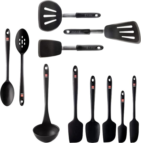 DI ORO 11-Piece Silicone Kitchen Set - 600°F Nonstick Heat-Resistant Utensils - 3 Turners, 5 Seamless Spatulas, 2 Spoons, 1 Ladle - Tools for Cooking & Baking - Dishwasher Safe, Easy to Clean (Black) by DIORO