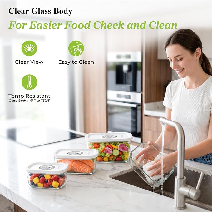 URPOWER Glass Vacuum Seal Containers for Food Storage, 3PCS Set with Lids | 3PCS(16/27/47 fl oz), Airtight Food Storage Containers Stackable for Leftovers, Meal Prep, Refrigerator, Freezer and Pantry - Image 6
