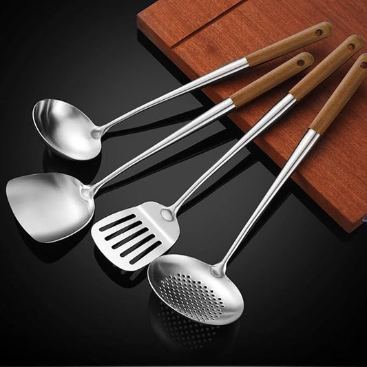 Wok Utensils for Carbon Steel, Stainless Steel Wok Spatula 17 Inch | Extra long wooden handle-Anti-scald;Wok Tools Professional Set;Great for home use and commercial use; by NIITAWH