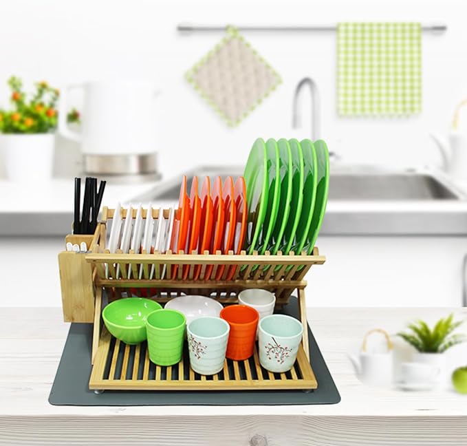 YZHDUXIU Bamboo Dish Drying Rack with Utensil Holder, 3 Tier Collapsible Dish Rack, Large Dish Racks for Kitchen Counter, Wooden Folding Dish Drainer with Dish Drying Mat (3 Tier (with Drying Mat)) - Image 7