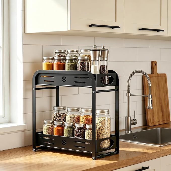 Aduanbang 2-Tier Counter Organizer Shelf, Metal Spice Rack for Kitchen, Vanity, Coffee Area and Home Office, Black (Black, 2 Tier) - Image 2
