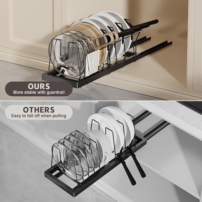 Magheo Pots and Pans Organizer Under Cabinet, 22" Deep Expandable Pull Out Pot Lid Organizer and Storage with 10 Adjustable Dividers No Drill Pot and Pan Holder Rack with Handle Bracket(1 Pack,Black) - Image 5