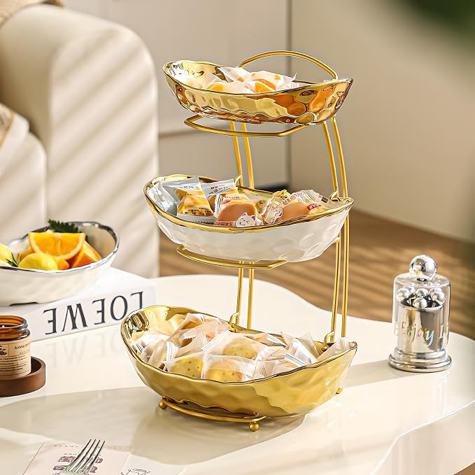 XUDREZ 2 Tier/ 3 Tier Fruit Bowl with Metal Stand for Kitchen Counter, Ceramic Gold Silver, Portable Tiered Fruit Basket Fruit Rack for Nuts, Snacks, Bread, Candy Storage (Gold, 3 Tier) - Image 4