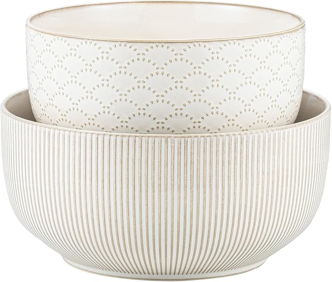 Mikiegy Ceramic Mixing Bowls Set of 2, Nesting Ceramic Embossment Stoneware Mixing Bowls for Cooking, Serving, Popcorn, Salad etc, Microwave & Dishwasher Safe, 98/145 oz, Off-White by MIKIGEY