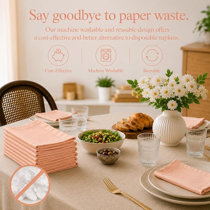 Cotton Cloth Napkins Set of 12, 18x18 Cotton Napkin Cloth Washable, Soft, Reusable Napkins for Wedding, Parties, Christmas, Thanksgiving, Everyday Use (Peach) - ALPHA Living HOME - Image 3